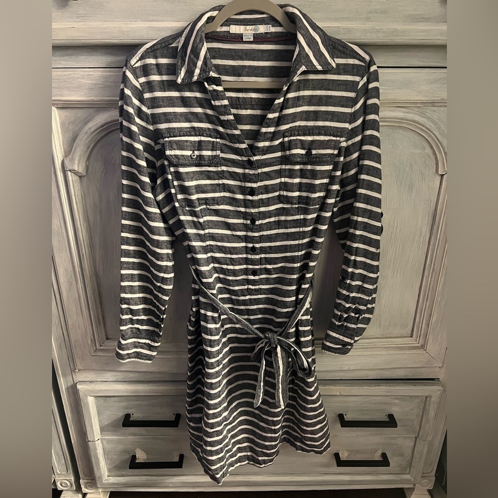 Boden Nautical Blue & White Striped Pocket Popover Linen Shirtdress‎